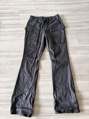 Men's Black Waxed Cargo Pants with Drawstring Waist (Large)